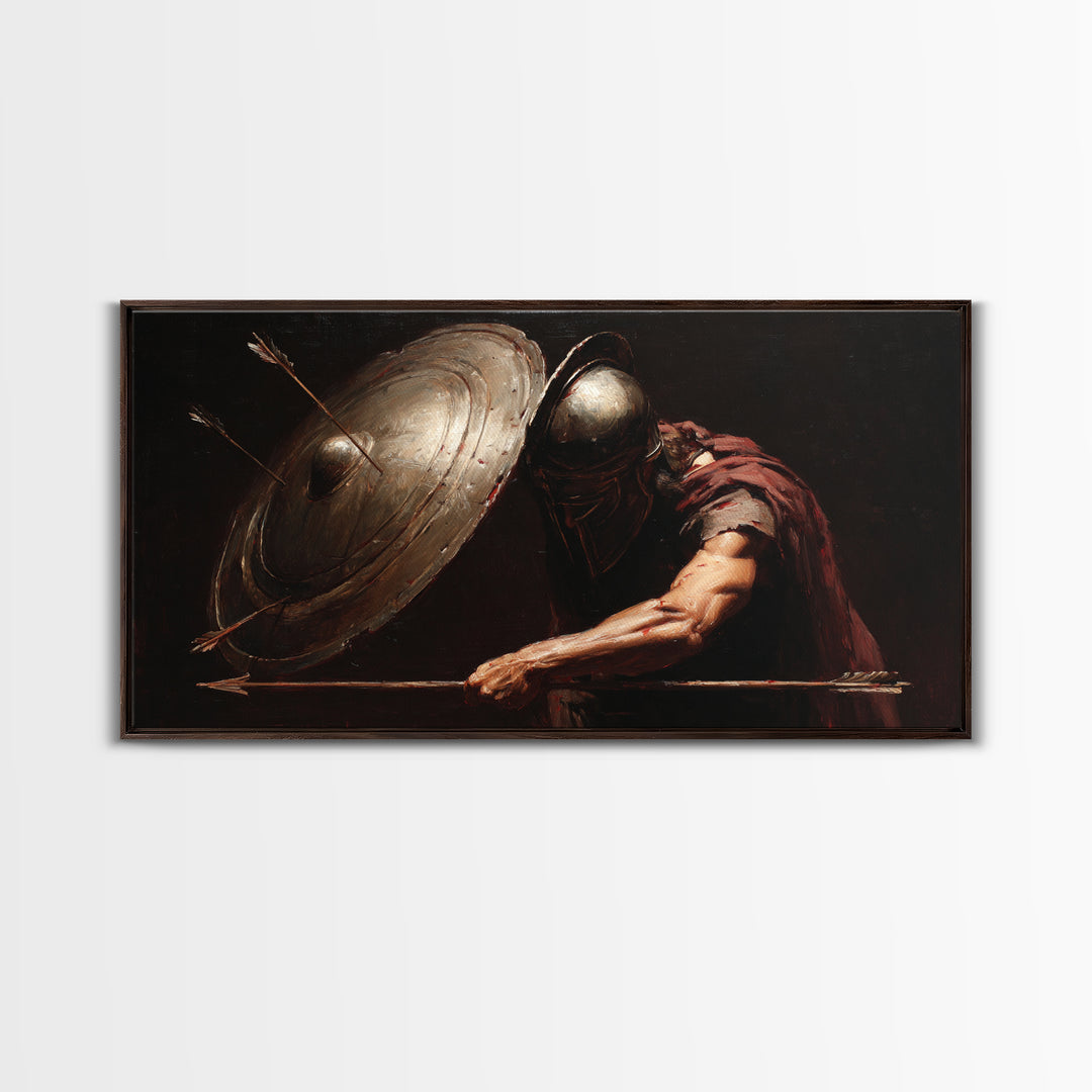 Armored Warrior With Shield And Spear Canvas Print, Dark Fantasy Wall Art, Medieval Battle Decor For Office Or Man Cave Gift