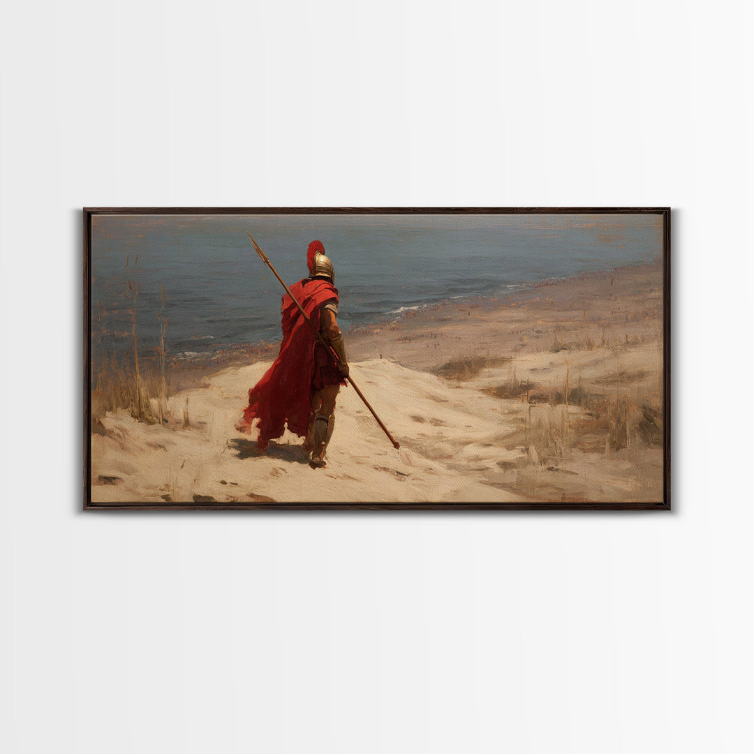 Lone Spartan Warrior On Shore Framed Canvas Print, Ancient Greek Wall Art, Historical Coastal Decor, Masculine Gift For Him