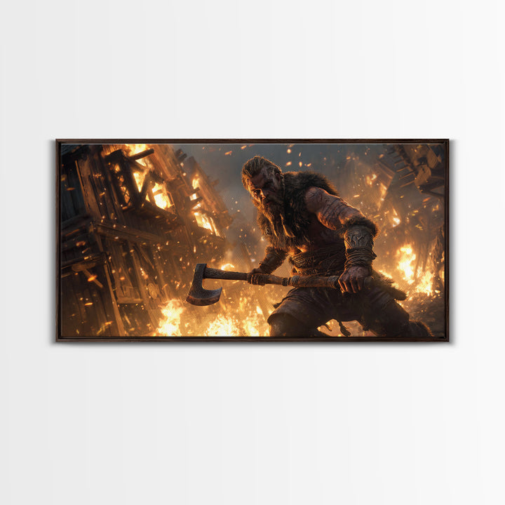 Fiery Viking Warrior Holding Axe Against Burning Village Background Canvas Print For Rustic Home Decor And Office Art