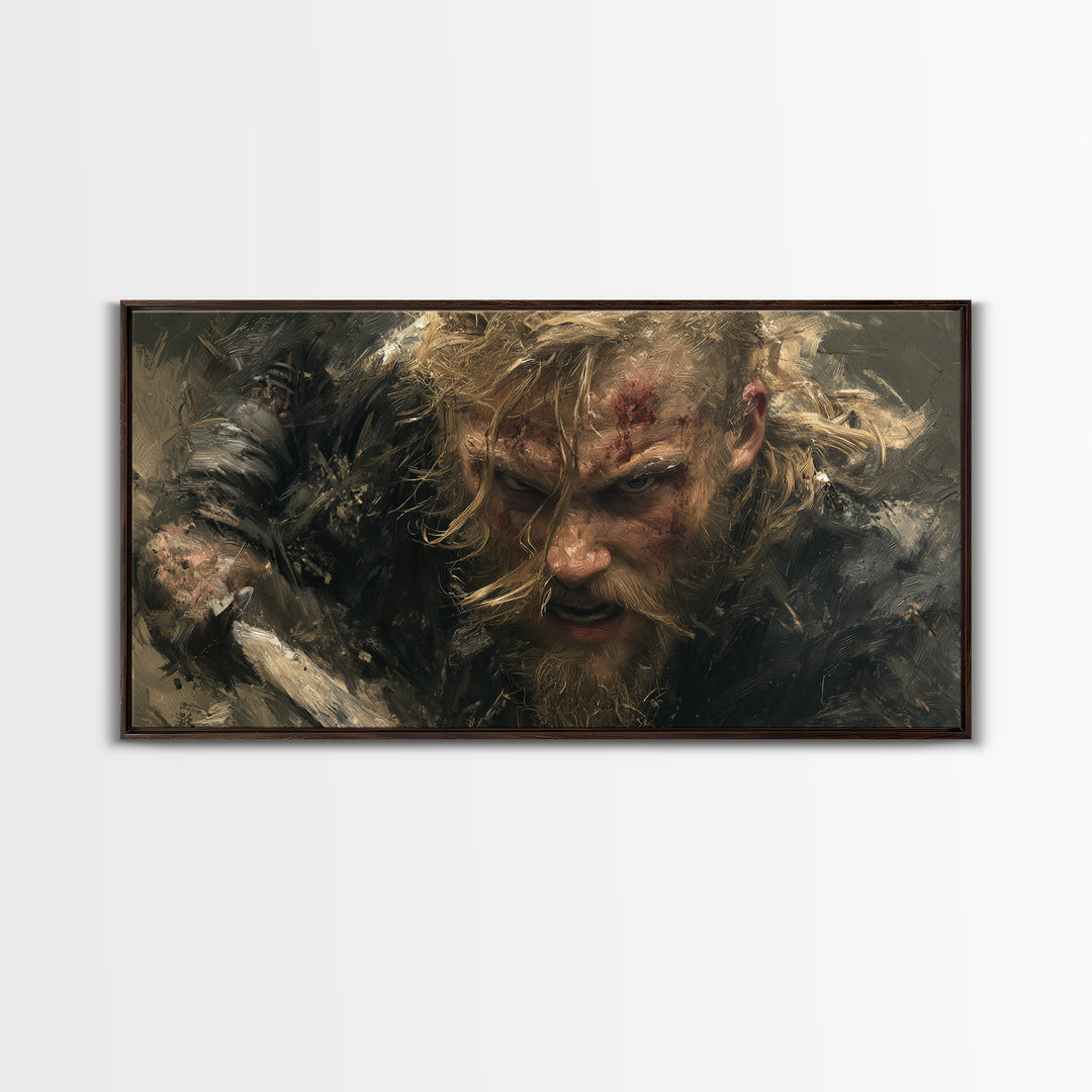 Fierce Viking Berserker Close Up Canvas Print, Nordic Warrior Portrait Wall Art, Dark Medieval Decor For Masculine Office