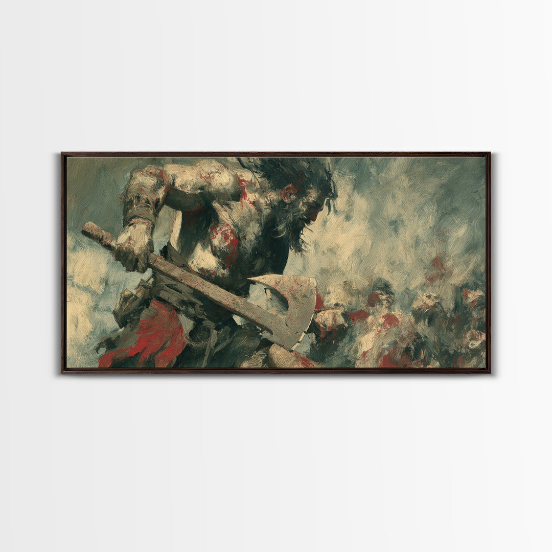Bloodied Axe Warrior In Chaotic Battle Wall Art, Viking Fantasy Painting, Dark Medieval Canvas Decor For Man Cave Gift For Him