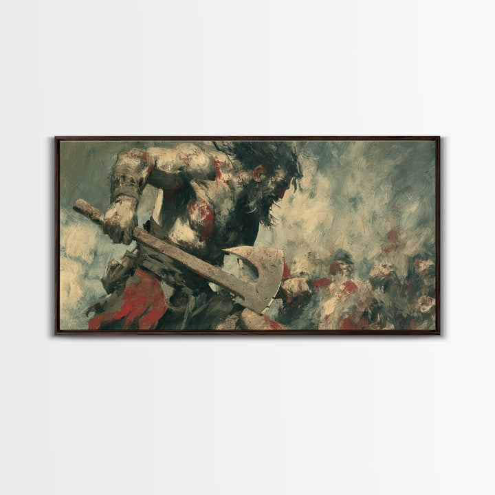 Bloodied Axe Warrior In Chaotic Battle Wall Art, Viking Fantasy Painting, Dark Medieval Canvas Decor For Man Cave Gift For Him