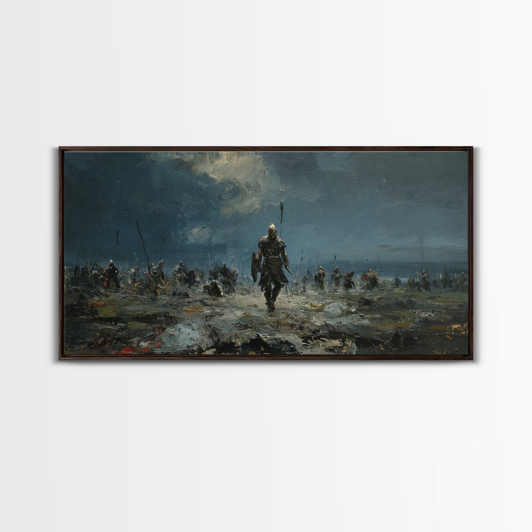 Warrior Leading Army Through Rain Canvas Print Dark Battlefield Wall Art, Epic Historical Decor For Masculine Home Office
