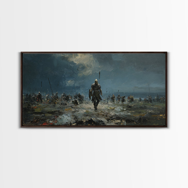 Warrior Leading Army Through Rain Canvas Print Dark Battlefield Wall Art, Epic Historical Decor For Masculine Home Office