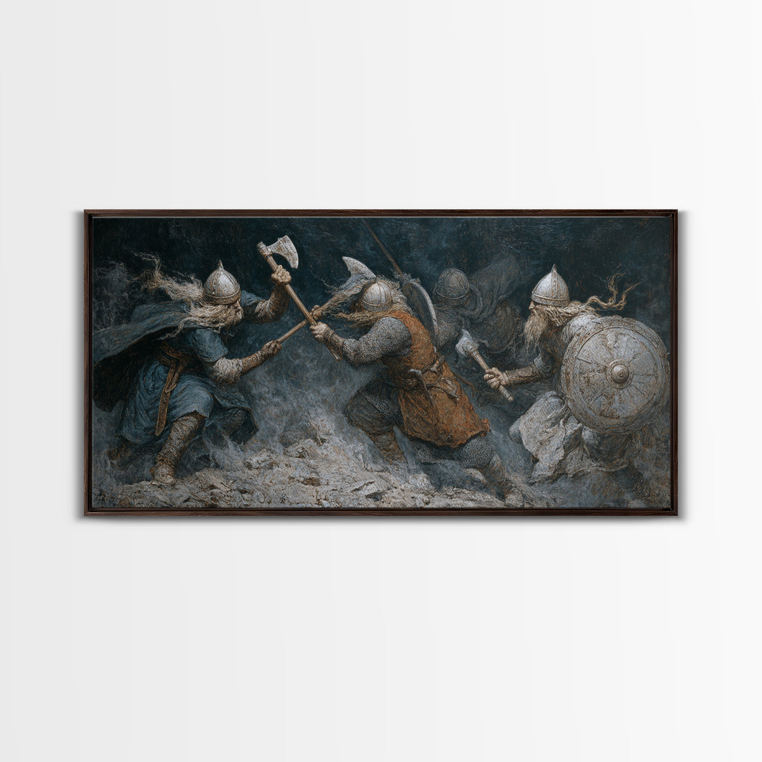Medieval Warriors In Snowy Clash Framed Canvas Print, Viking Battle Wall Art, Dark Fantasy Man Cave Home Decor, Gift For Him