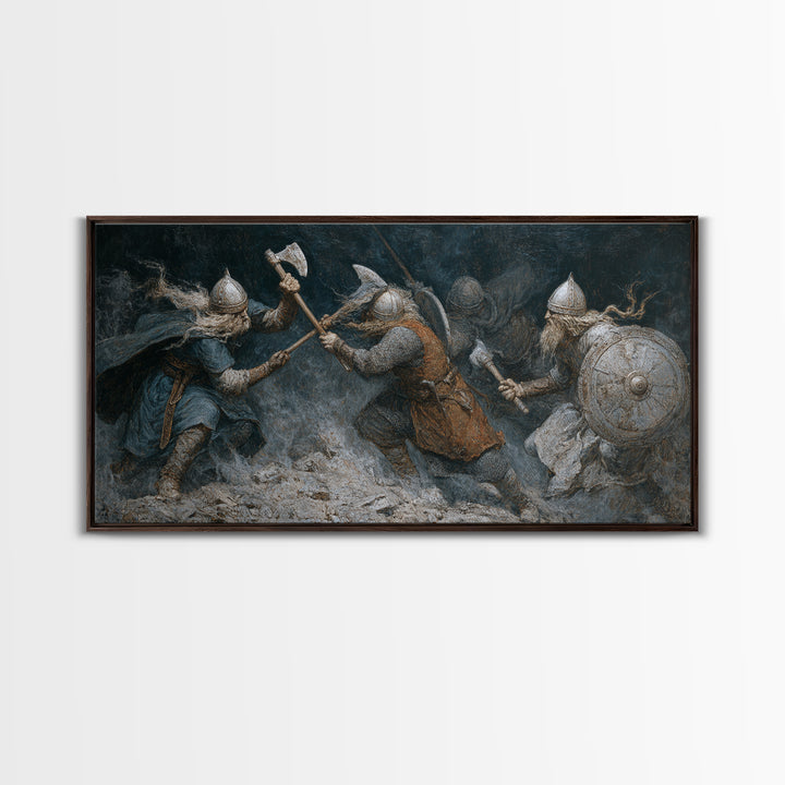 Medieval Warriors In Snowy Clash Framed Canvas Print, Viking Battle Wall Art, Dark Fantasy Man Cave Home Decor, Gift For Him