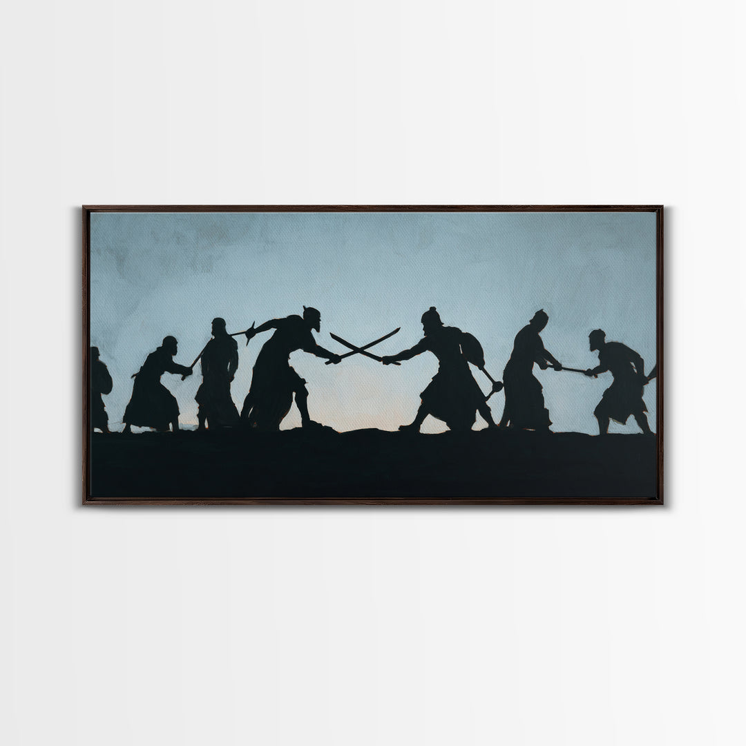 Silhouetted Sword Fighters Wall Art, Minimalist Warrior Battle Print, Black And White Decor, Fantasy Office Art Gift For Him