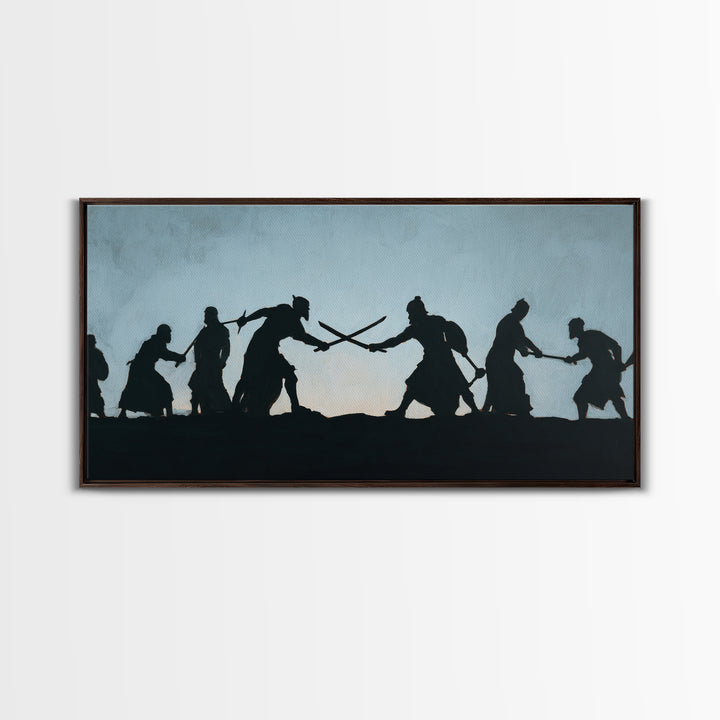Silhouetted Sword Fighters Wall Art, Minimalist Warrior Battle Print, Black And White Decor, Fantasy Office Art Gift For Him