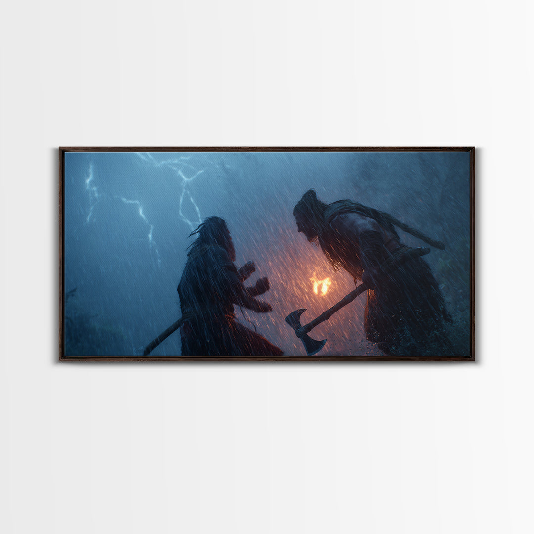 Two Viking Warriors In Lightning Storm Canvas Print, Dark Fantasy Wall Art, Norse Mythology Decor, Dramatic Battle Poster