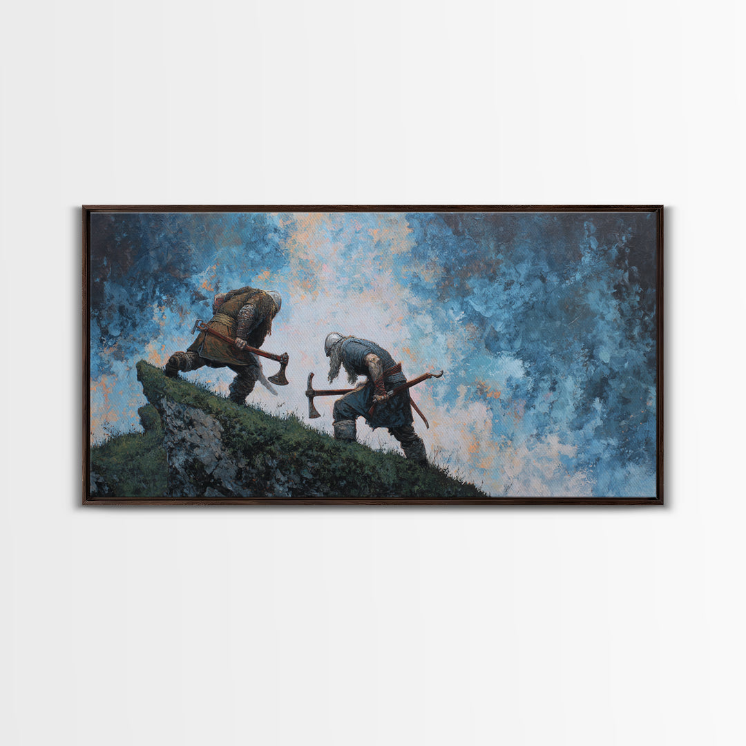 Two Axe Warriors Climbing Stormy Ridge Framed Canvas Print, Viking Battle Wall Art, Dark Fantasy Office Decor Gift, Medieval Art Print