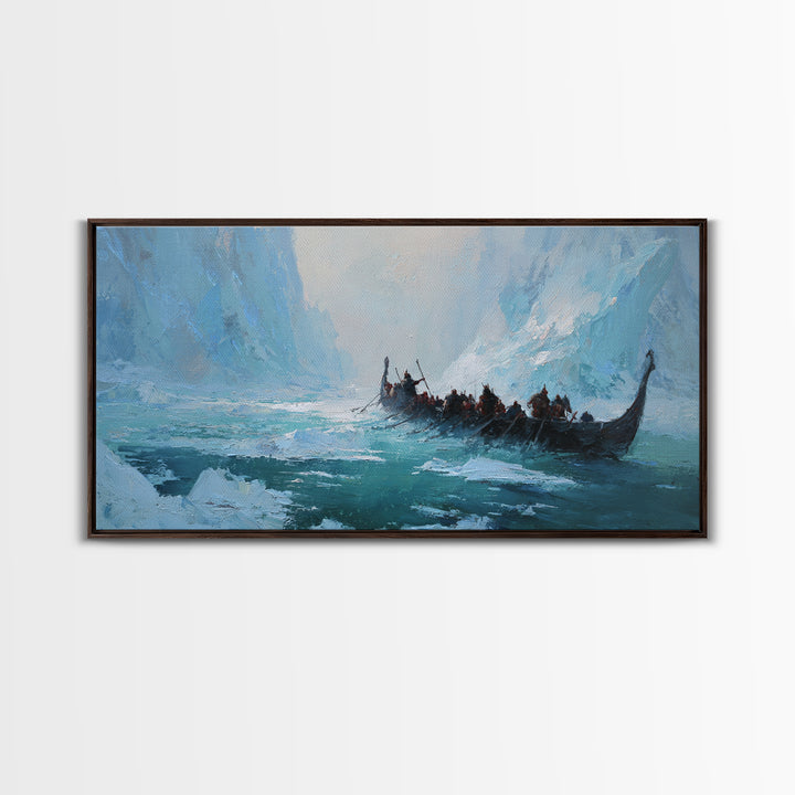 Icy Viking Longship On Turquoise Fjord Canvas Print, Nordic Seascape Wall Decor, Coastal Adventure Art, Gift For Him, Home Decor