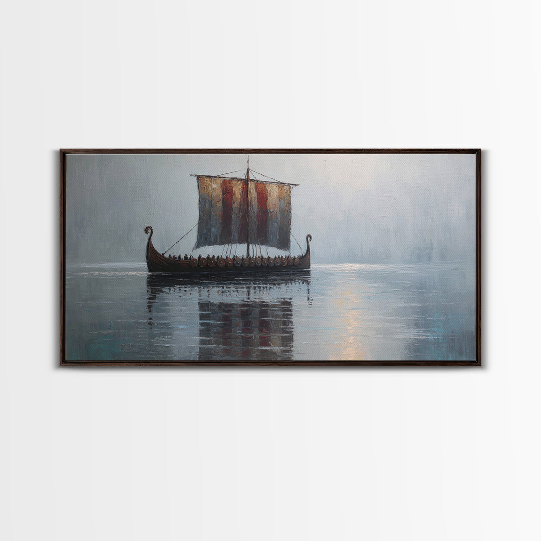Viking Longship In Misty Water Canvas Print, Nautical Wall Art, Norse Seascape Painting, Coastal Decor For Living Room Art