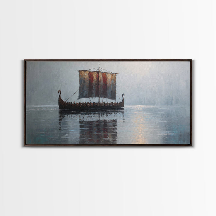 Viking Longship In Misty Water Canvas Print, Nautical Wall Art, Norse Seascape Painting, Coastal Decor For Living Room Art