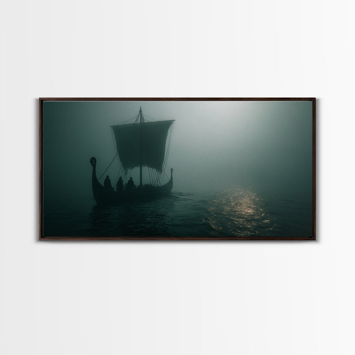 Foggy Viking Longship On Silent Water Wall Art, Nautical Art, Moody Wall Art, Scandinavian Decor, Living Room Decor, Office Decor