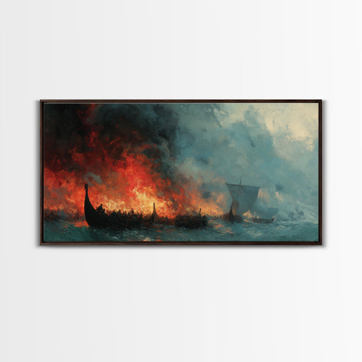 Burning Viking Ships At Stormy Sea Wall Art, Dramatic Norse Seascape Canvas Decor, Historical Ocean Art For Man Cave Decor