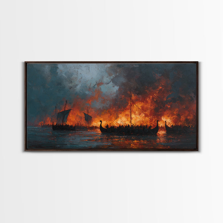 Burning Viking Longships At Sea Wall Art, Dramatic Fantasy Art, Moody Seascape, Historical Battle, Living Room Decor, Office Decor