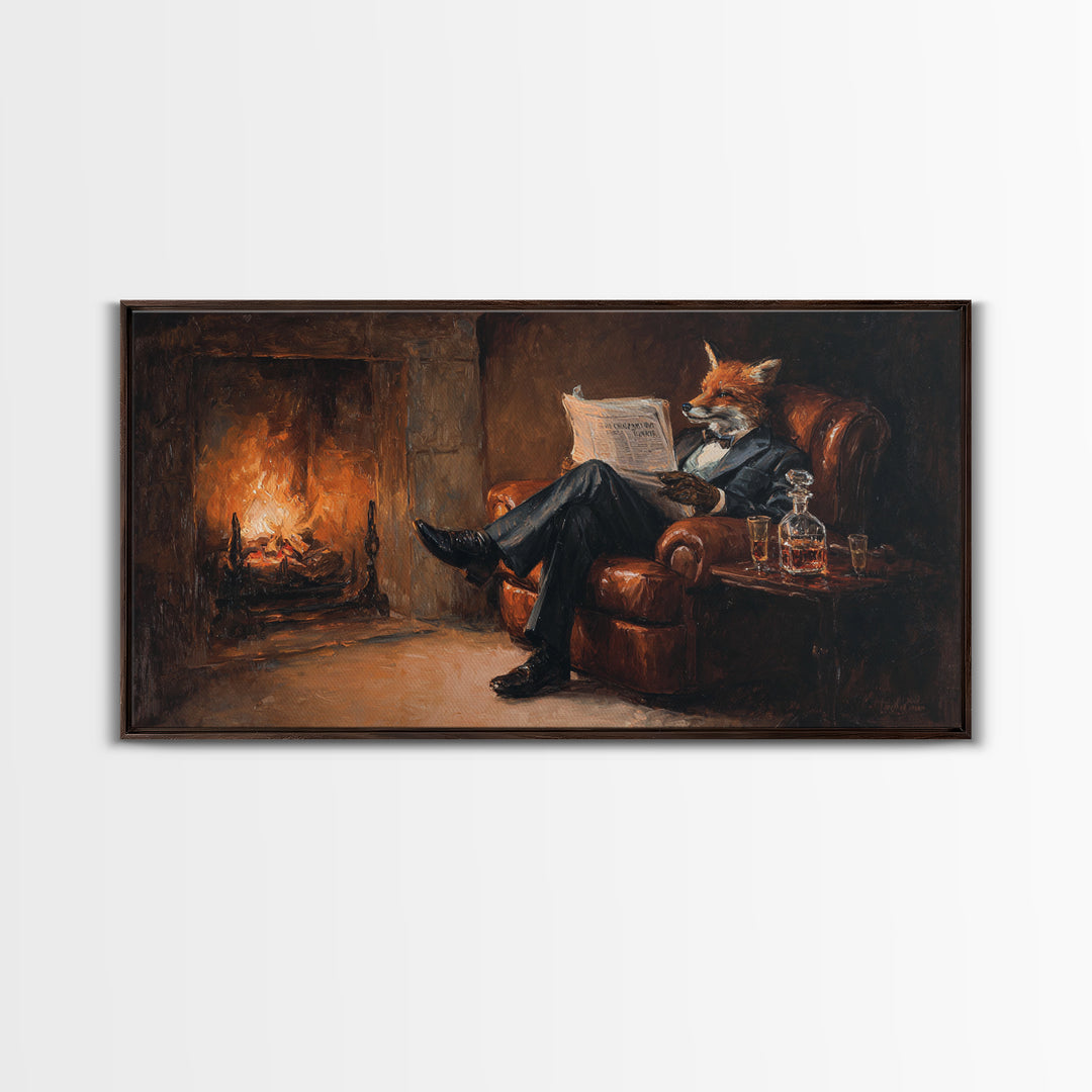 Fox Gentleman Reading By Fireside Canvas Print, Cozy Library Wall Art, Whimsical Animal Decor, Dark Academia Gift For Him