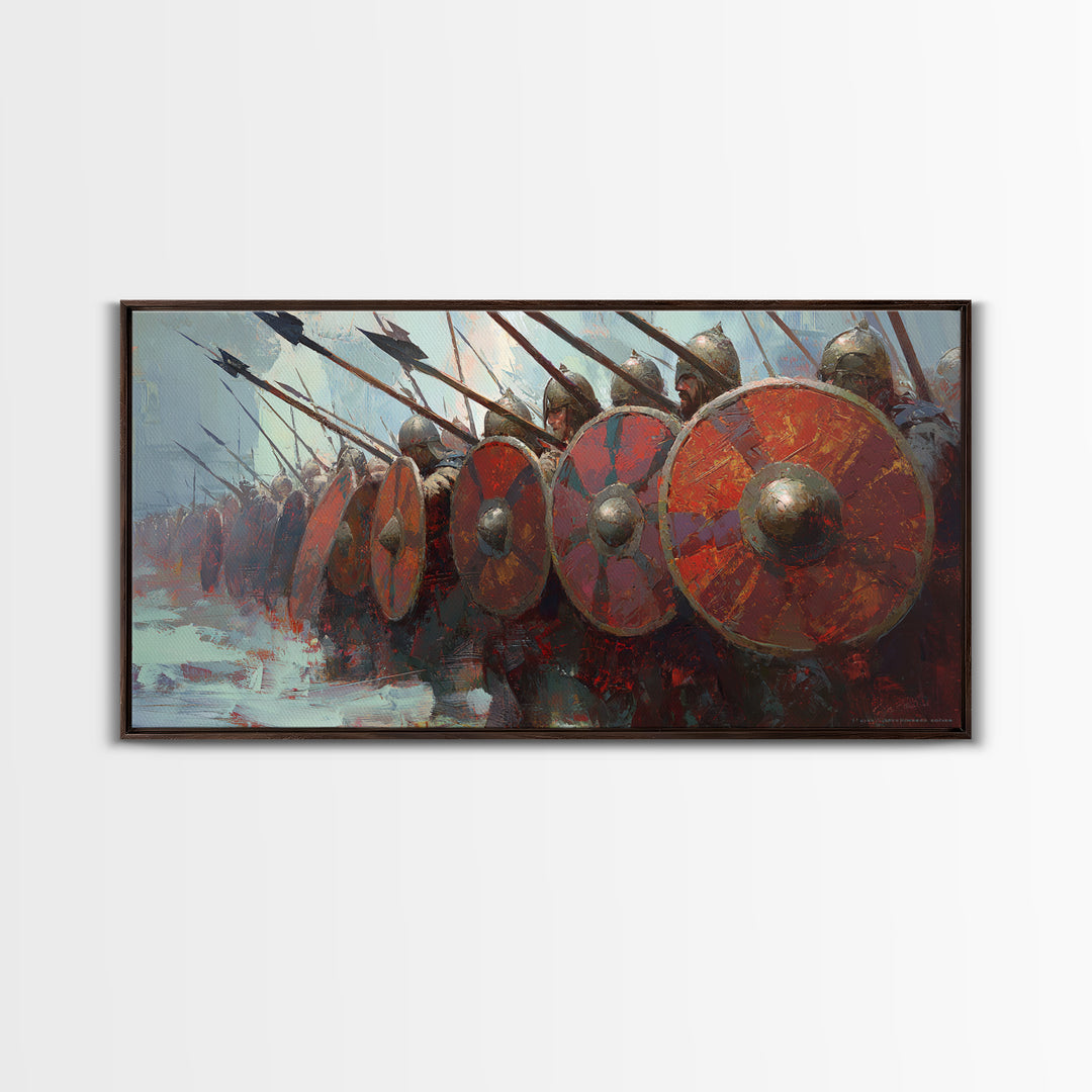 Spartan Phalanx With Red Shields Framed Canvas Print Ancient Warrior Wall Art, Historical Battle Office Decor For Man Cave