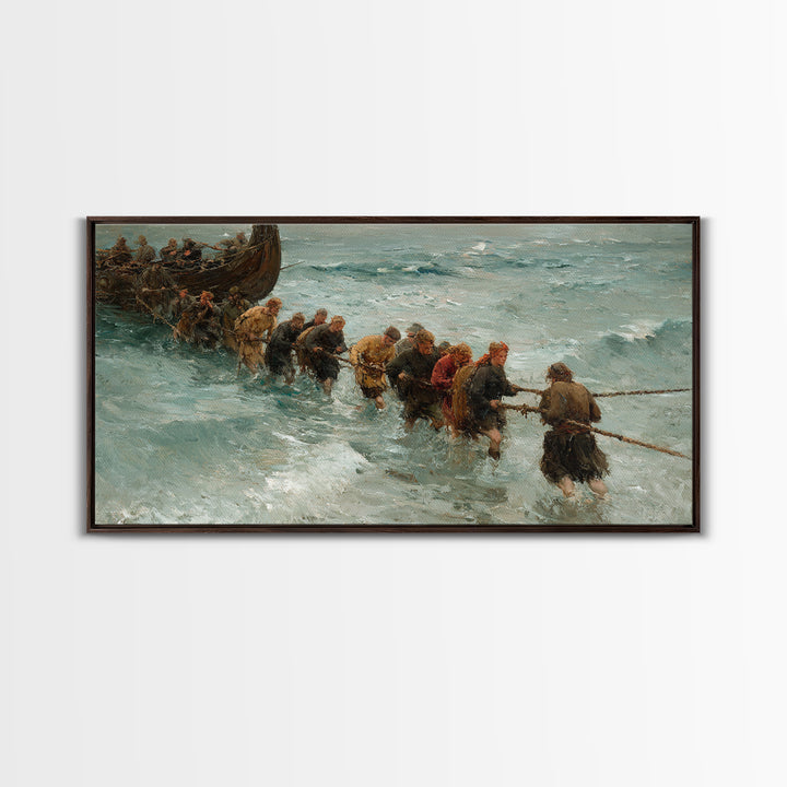 Viking Ship Landing In Icy Surf Framed Canvas Print, Norse Seascape Wall Art, Coastal Adventure Home Decor, Unique Gift For Him