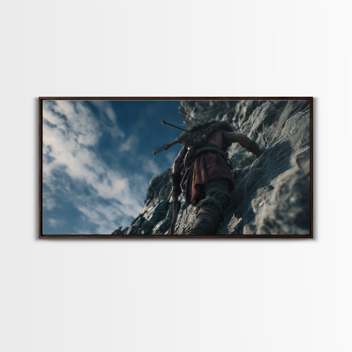 Rugged Warrior Climbing Sheer Mountain Cliff Canvas Print, Adventure Decor, Mountain Wall Art, Fantasy Art, Gift For Him