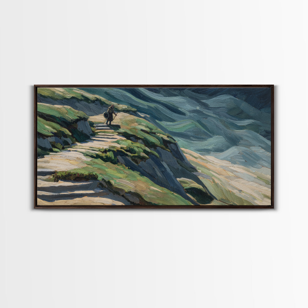 Rider On Mountain Path In Textured Hills Wall Art, Impressionist Landscape Canvas Print, Rustic Nature Decor, Home Decor