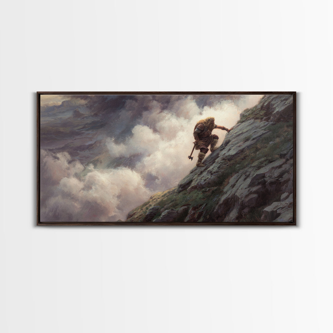 Lone Warrior Climbing Stormy Mountain Framed Canvas Print, Fantasy Adventure Wall Art, Moody Landscape Decor, Gift For Him