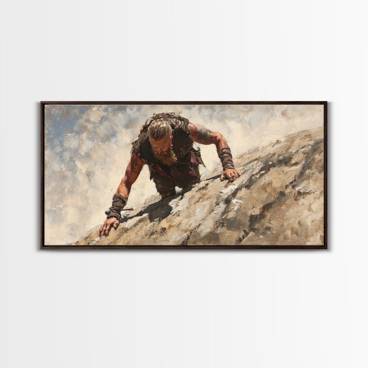 Rugged Viking Climbing Snowy Mountain Cliff Wall Art, Textured Adventure Canvas Print For Masculine Office Decor And Cabin Decor