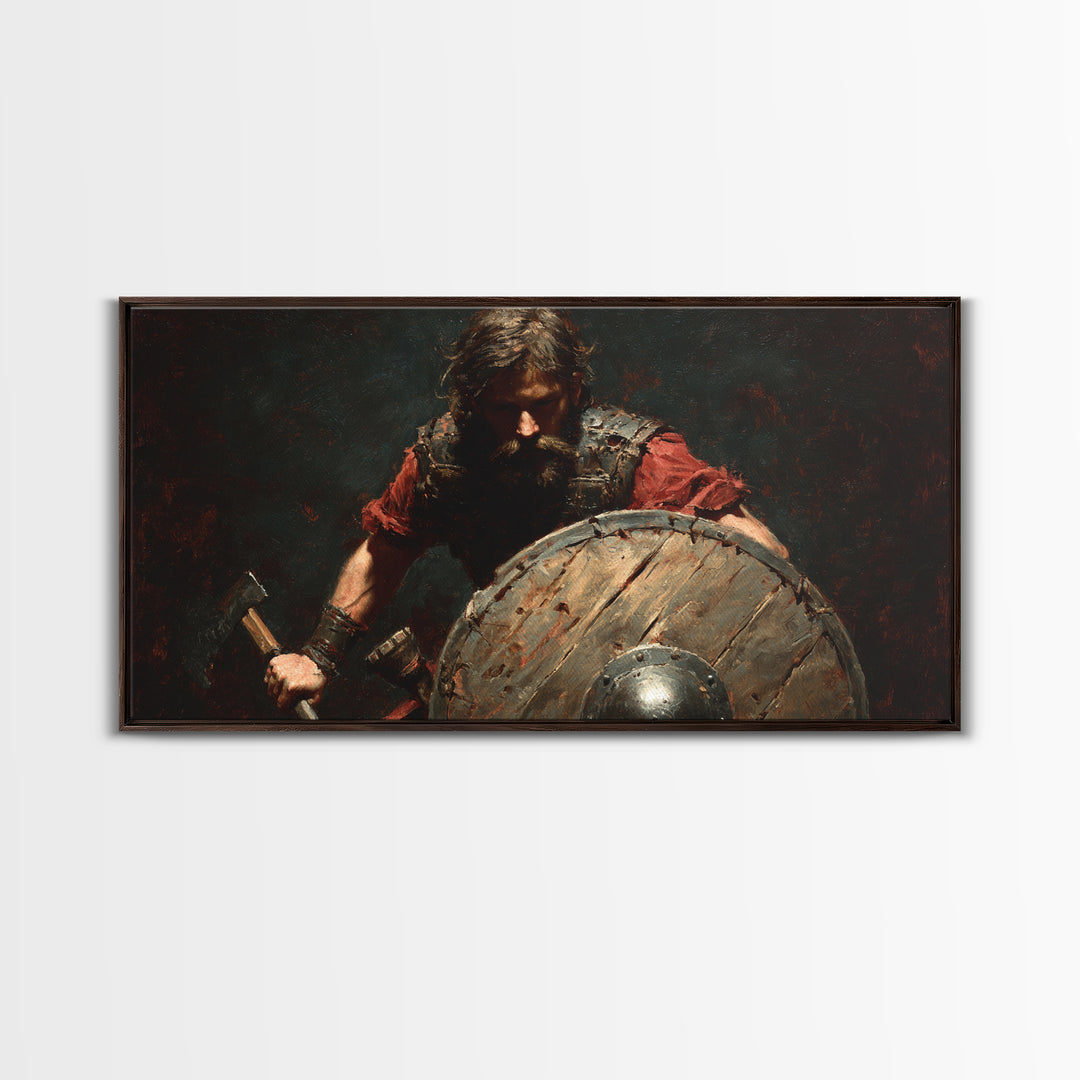 Bearded Viking Warrior With Shield Canvas Print, Norse Battle Artwork, Dark Fantasy Art, Rustic Man Cave Wall Decor, Gift For Him