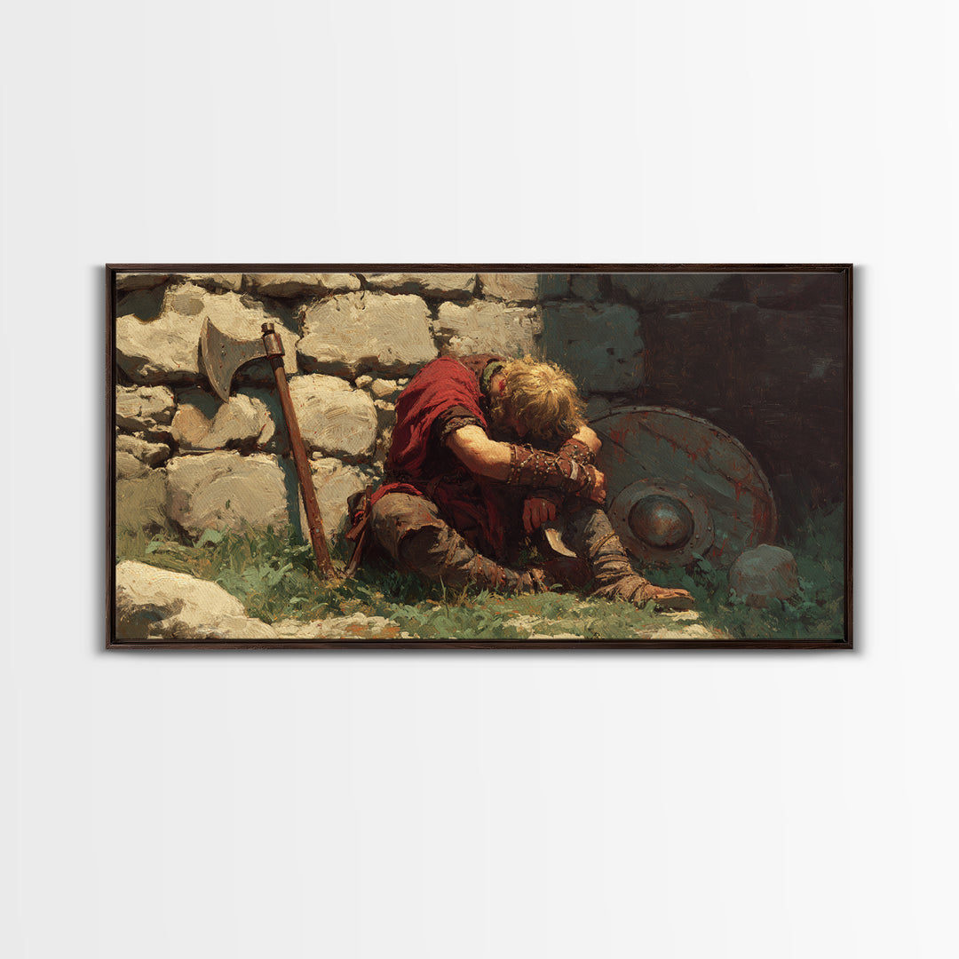 Wounded Viking Resting By Stone Wall Canvas Print, Norse Warrior Artwork, Rustic Historical Decor, Dark Academia Art, Gift For Him