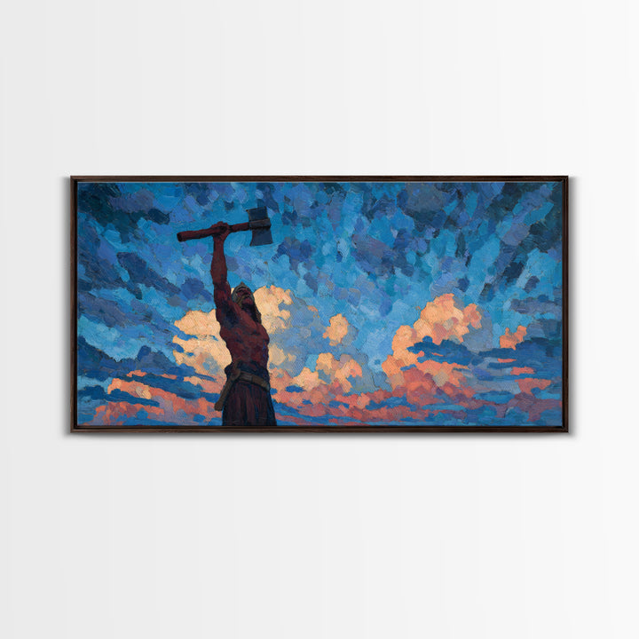 Dynamic Expressionist Oil Painting Of Man With Raised Axe Under Blue Sky Modern Wall Art Canvas Print