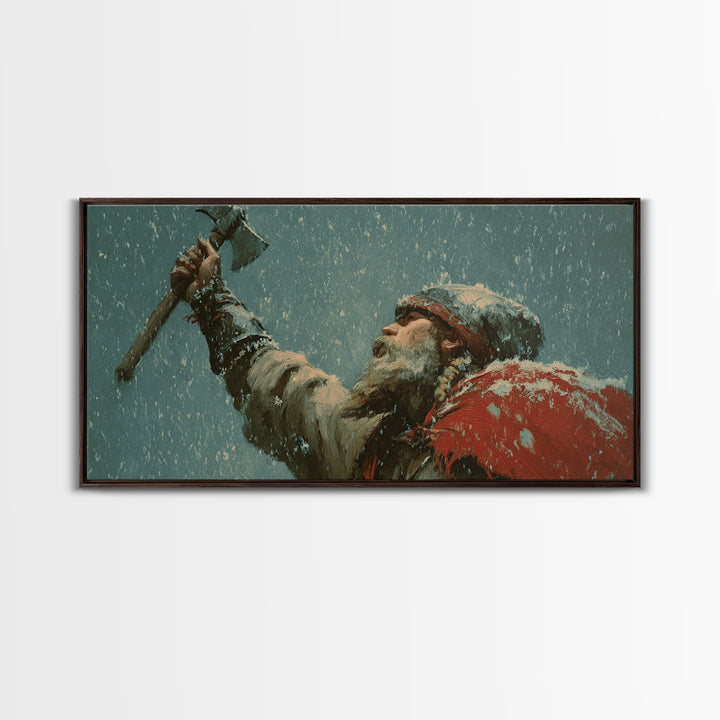 Bearded Viking Raising Axe In Snow Canvas Print, Norse Warrior Wall Art, Winter Fantasy Decor For Man Cave Or Office Gift