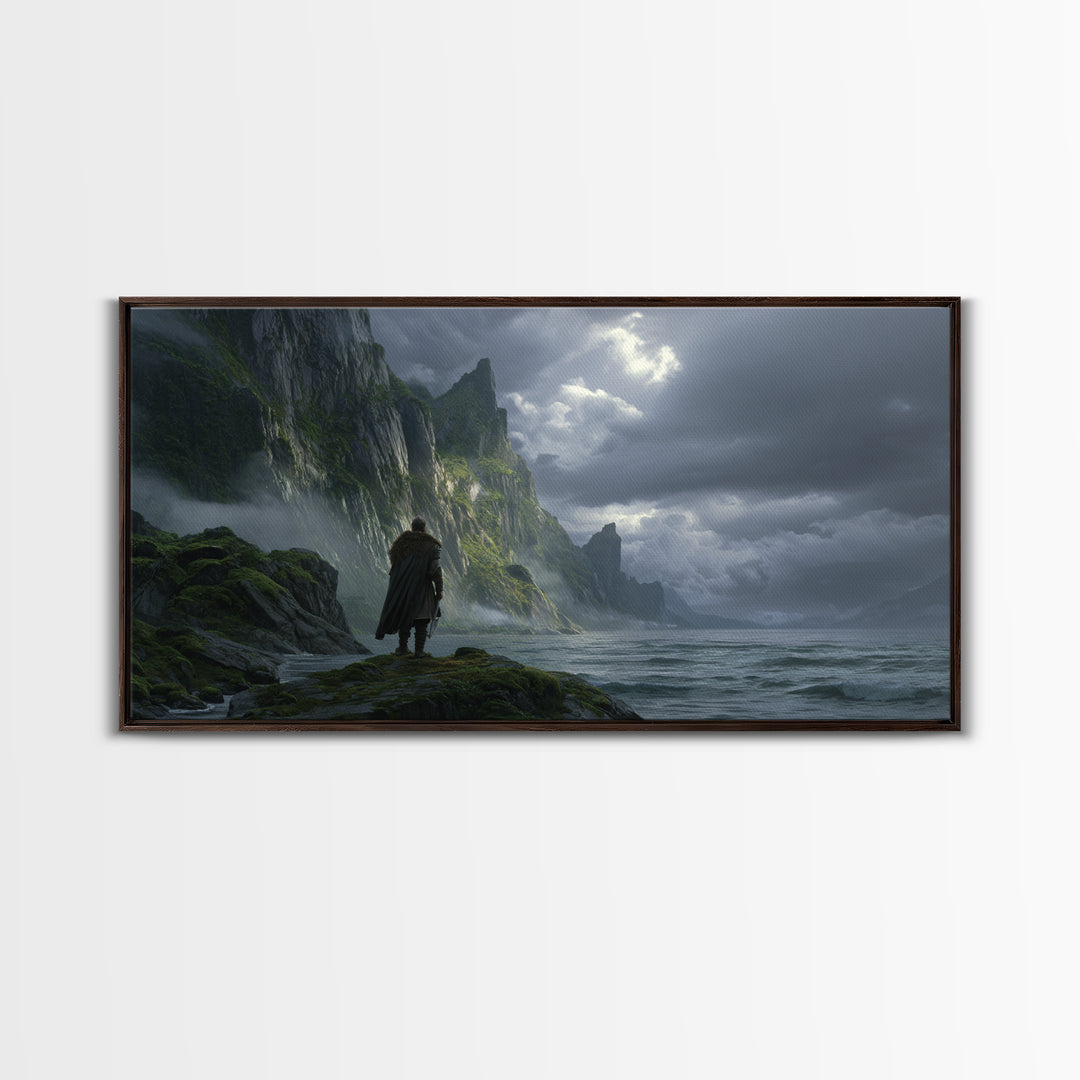 Lonely Wanderer On Stormy Sea Cliffs Canvas Print, Dark Fantasy Landscape Wall Art, Viking Coastal Decor, Moody Seascape