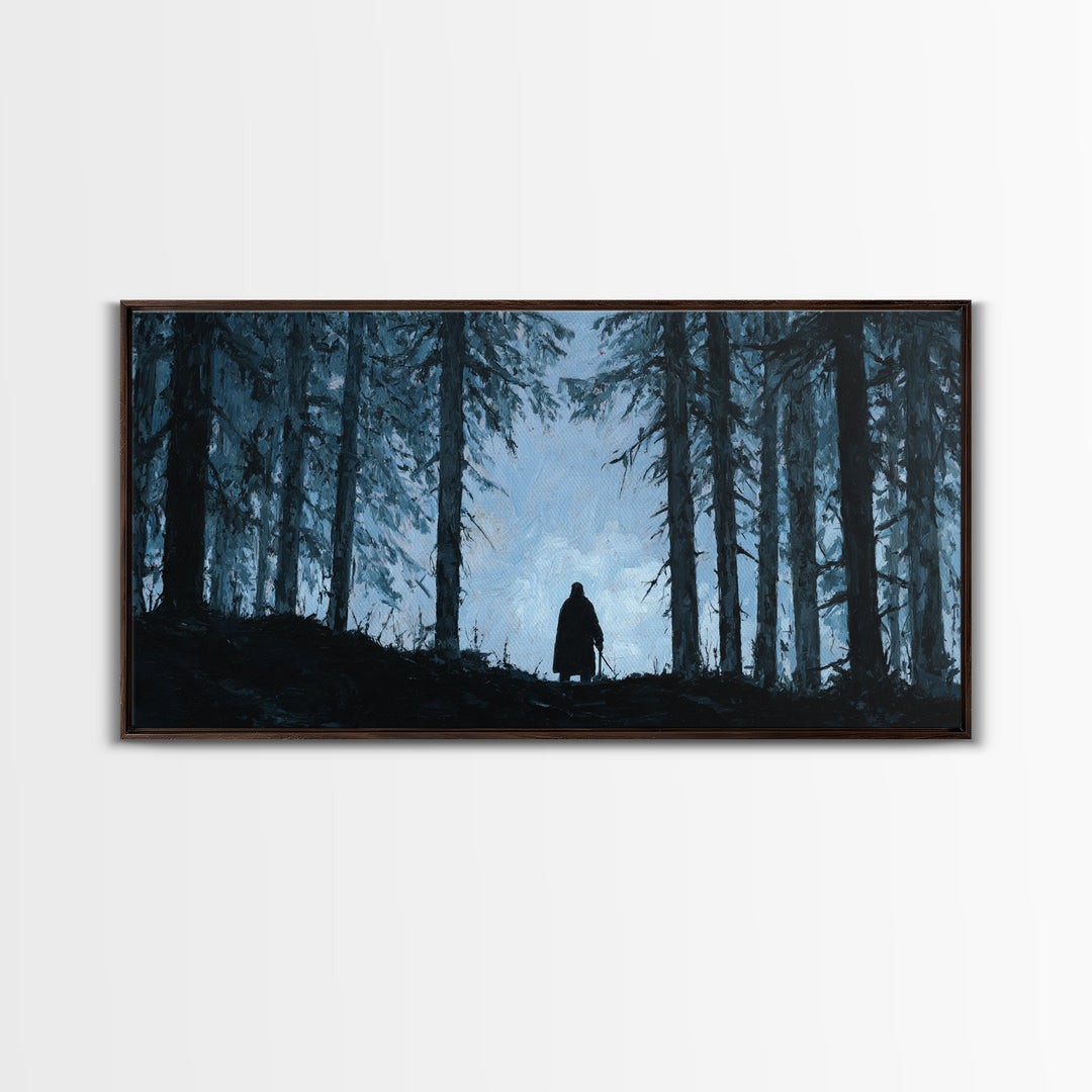 Lone Wanderer In Dark Pine Forest Wall Art, Moody Landscape Print, Gothic Nature Decor, Fantasy Cabin Wall Decor Gift For Him
