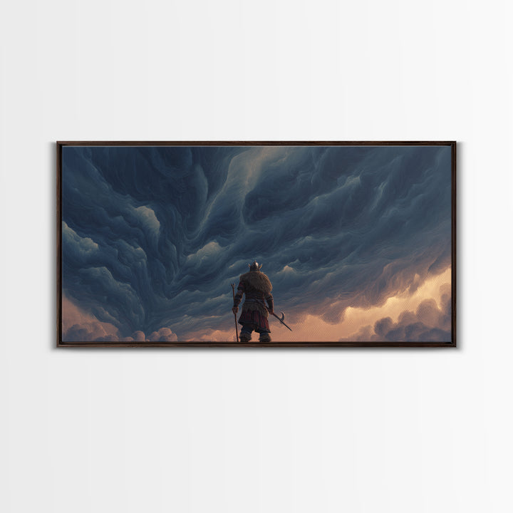 Viking Warrior Beneath Storm Clouds Canvas Print, Nordic Fantasy Wall Art, Moody Landscape Decor, Gift For Him, Living Room Decor