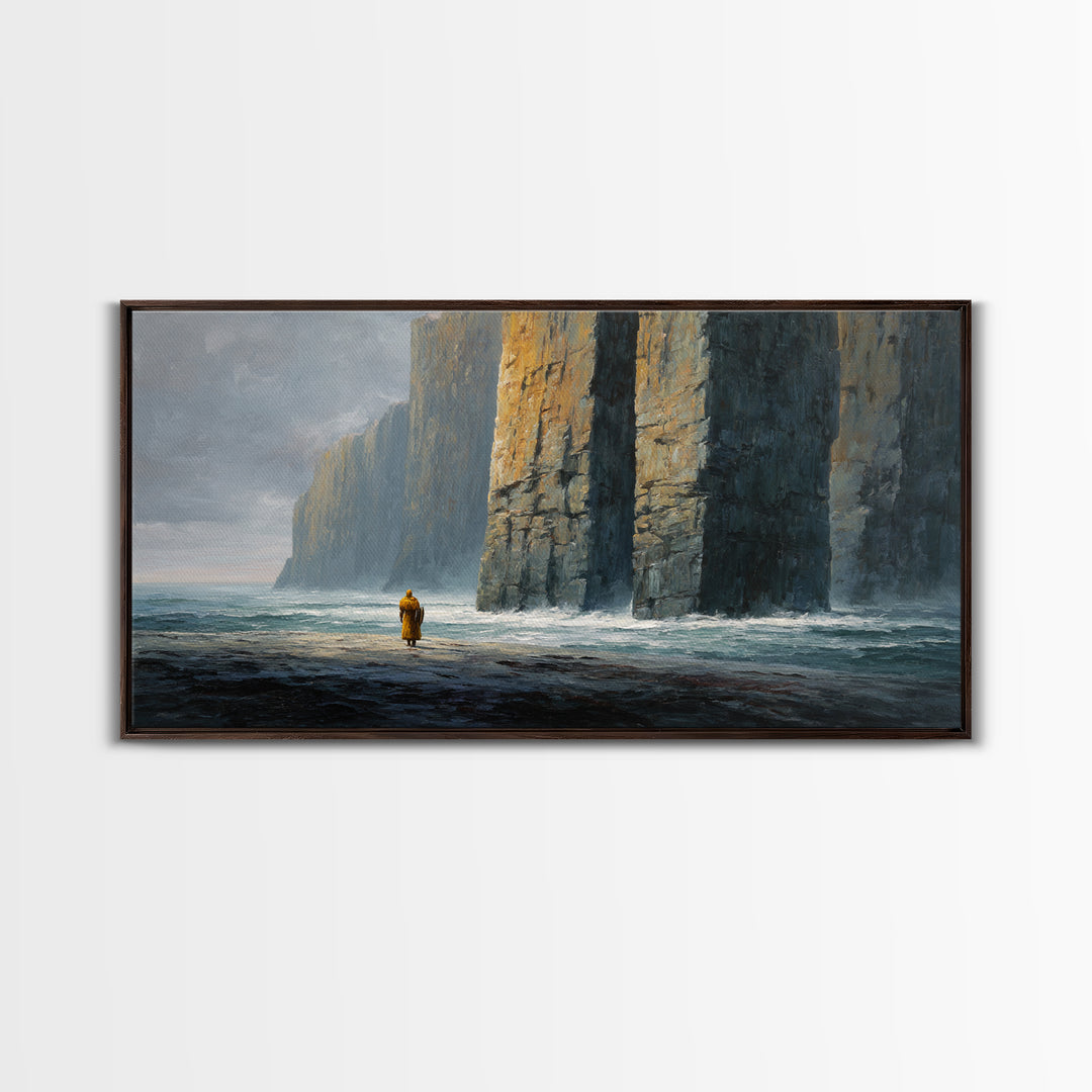 Lone Wanderer By Towering Sea Cliffs Wall Art, Moody Seascape Painting, Coastal Landscape Print, Dramatic Ocean Decor For Living Room
