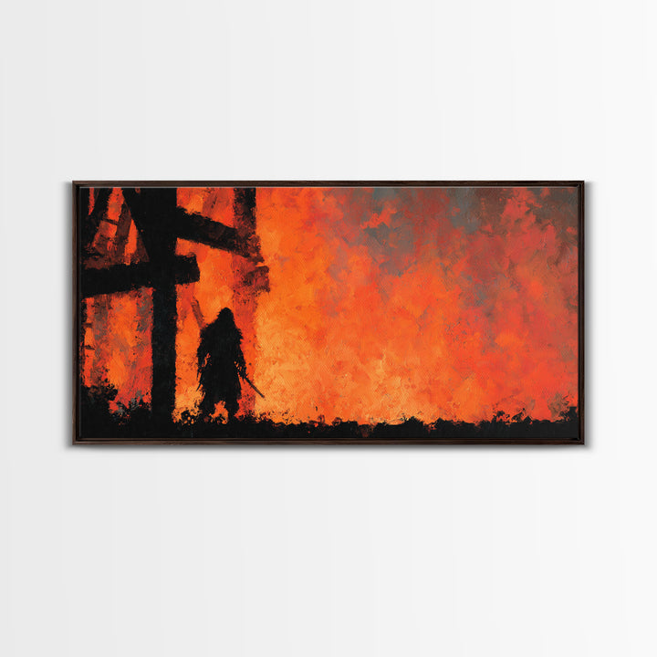 Dark Warrior Before Burning Tower Wall Art, Fiery Fantasy Landscape Print, Red Orange Gothic Decor, Dramatic Wall Decor Gift