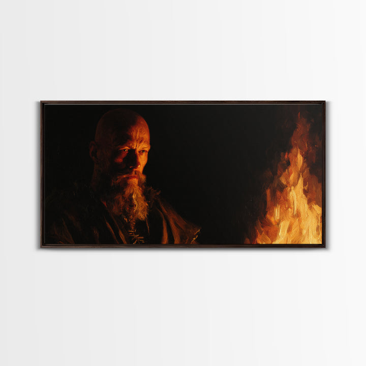 Bearded Man By Fire In Moody Light Canvas Print, Dark Portrait Wall Art, Rustic Viking Decor, Masculine Office Art, Gift For Him