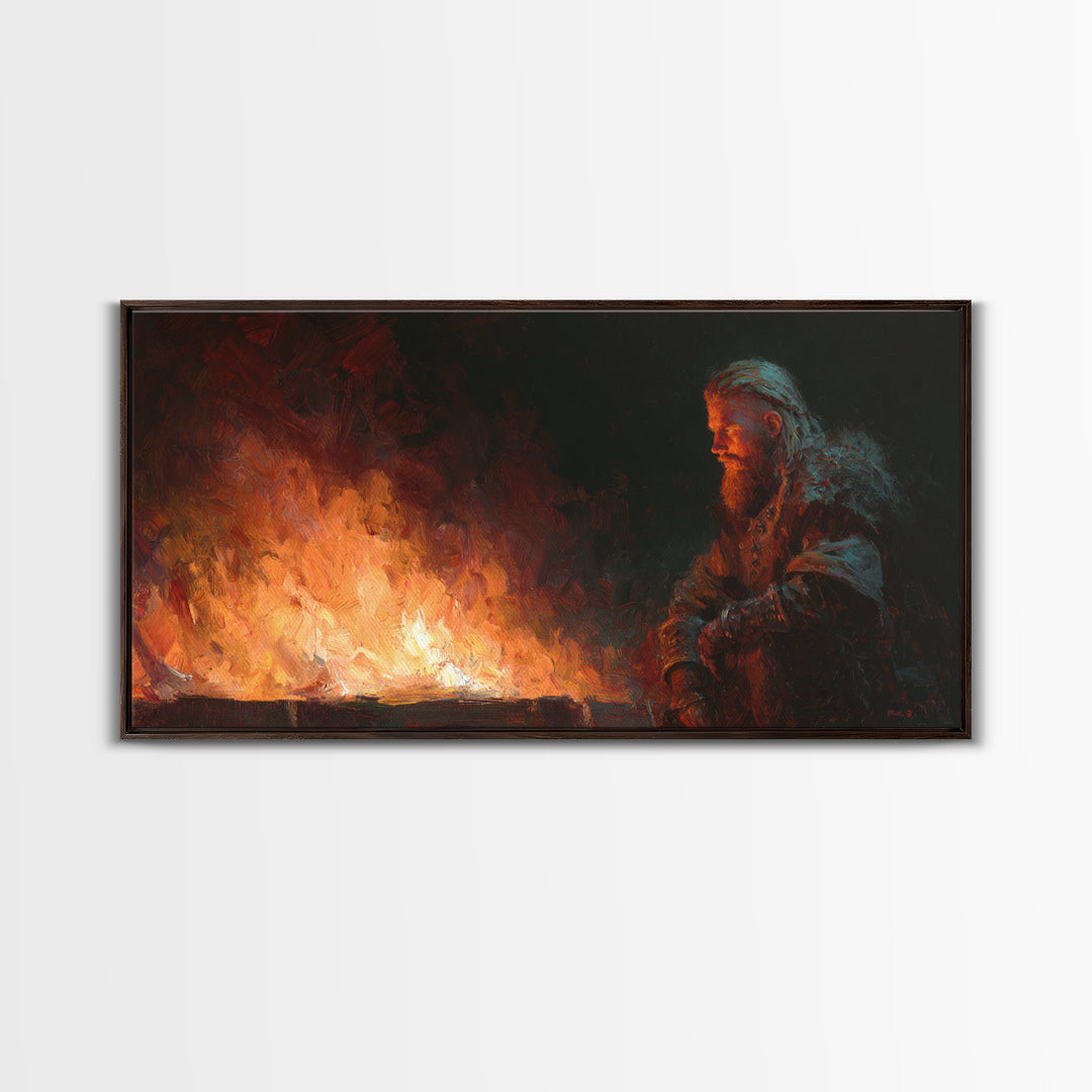 Bearded Viking Beside Blazing Fire Wall Art, Dark Nordic Canvas Print For Rustic Home Decor And Masculine Office Decor Gift
