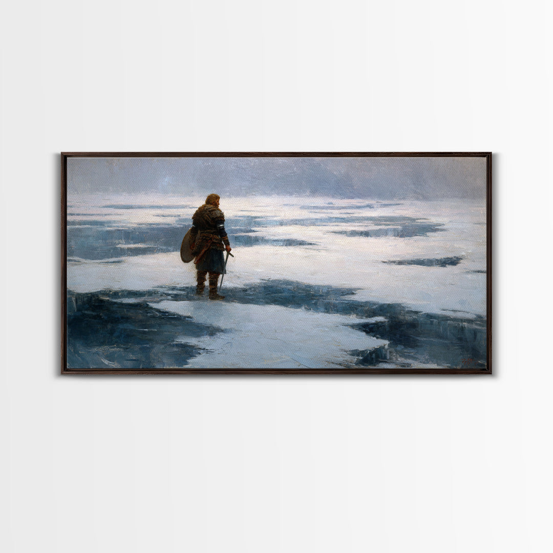 Lone Viking On Frozen Tundra Canvas Print, Nordic Winter Landscape Wall Decor, Medieval Warrior Art For Rustic Home Decor