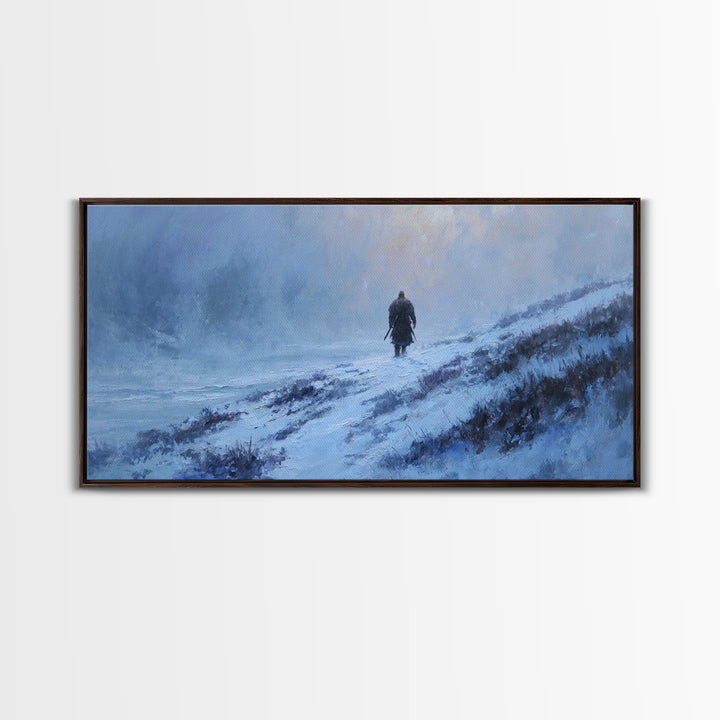 Lone Warrior In Snowy Blue Highlands Wall Art Winter Landscape Canvas, Viking Inspired Decor, Moody Large Print For Living Room Decor