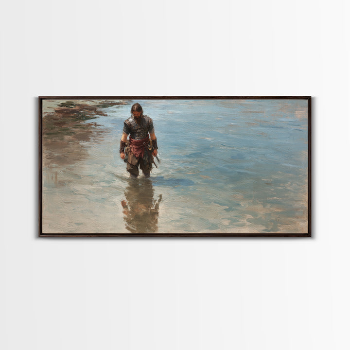 Solitary Warrior Walking Through Blue Water Canvas Print, Coastal Battle Wall Art, Heroic Landscape Decor, Modern Gift For Him