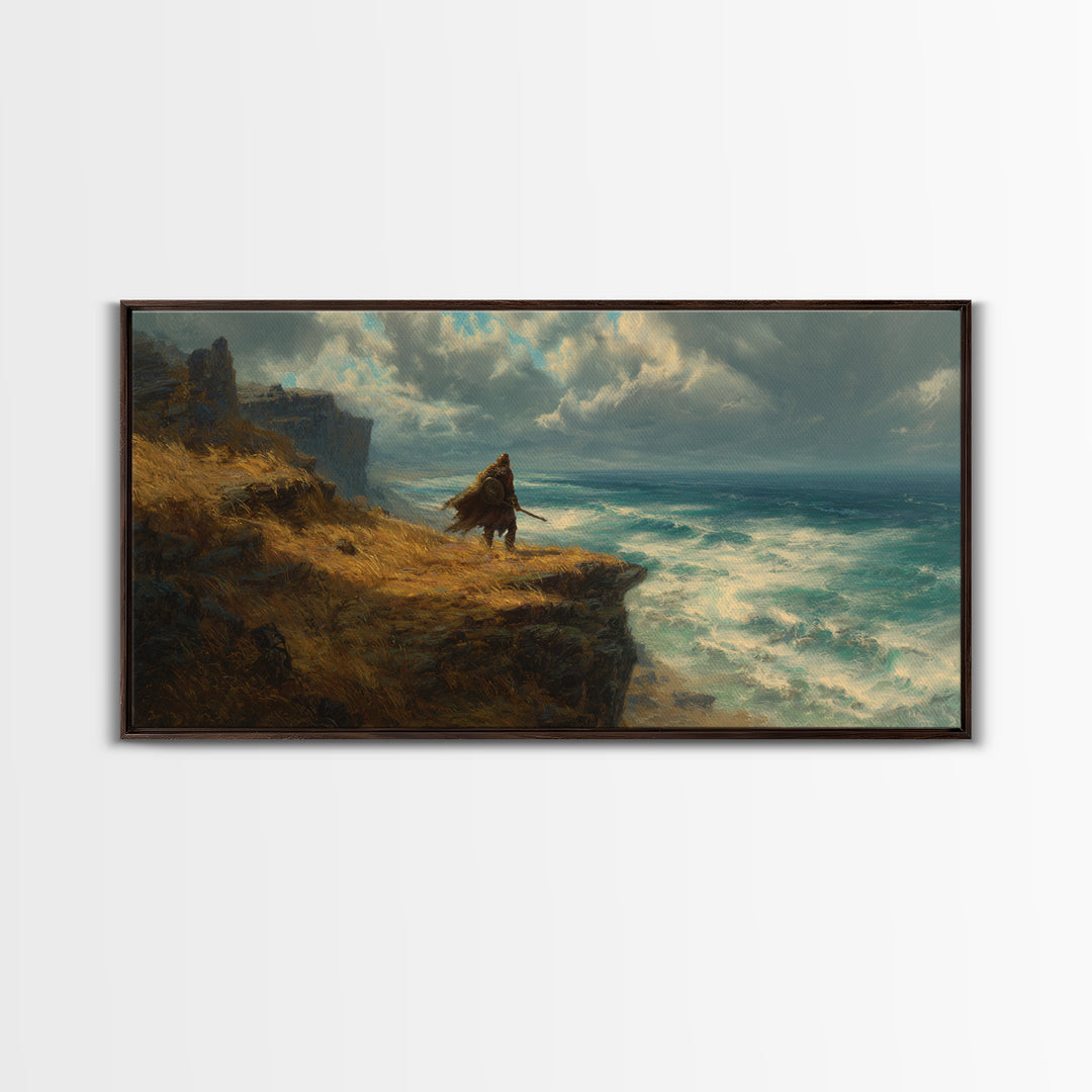 Cloaked Warrior On Ocean Cliff Wall Art, Moody Seascape Canvas Print, Fantasy Coastal Decor For Office Or Living Room Art