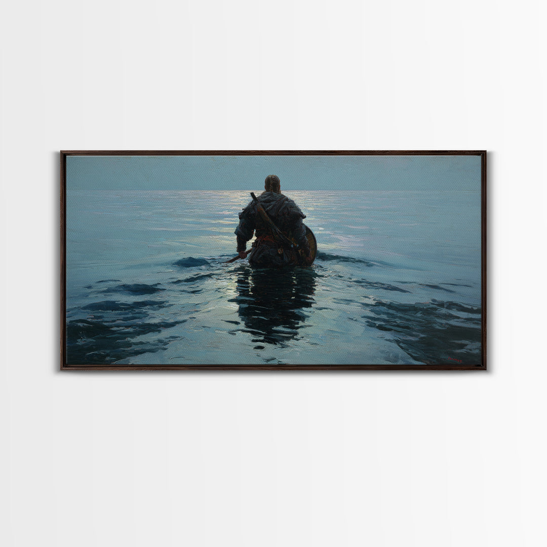 Lone Warrior Wading Into Calm Blue Sea Framed Canvas Print, Nautical Fantasy Wall Art, Moody Coastal Living Room Decor Gift