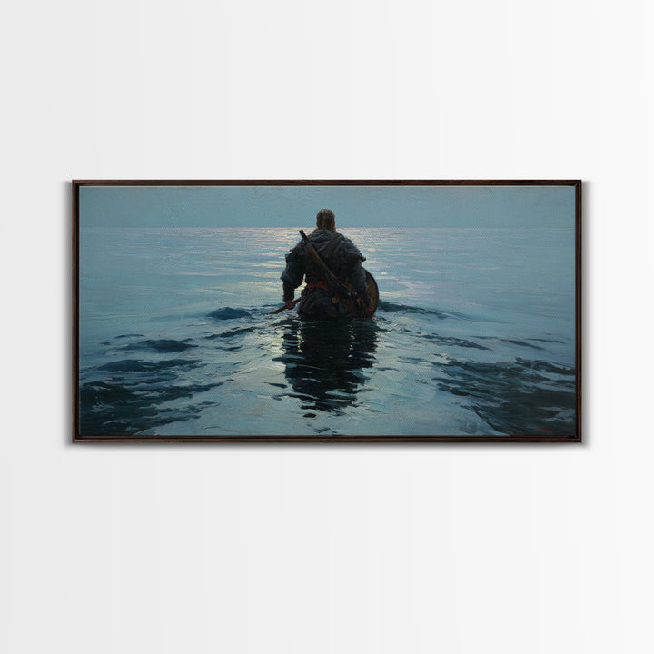 Lone Warrior Wading Into Calm Blue Sea Framed Canvas Print, Nautical Fantasy Wall Art, Moody Coastal Living Room Decor Gift