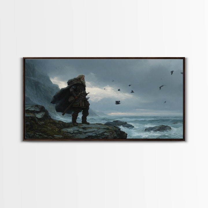 Weathered Viking On Stormy Sea Cliff Wall Art, Nordic Warrior Canvas Print For Masculine Office Decor And Coastal Home Decor