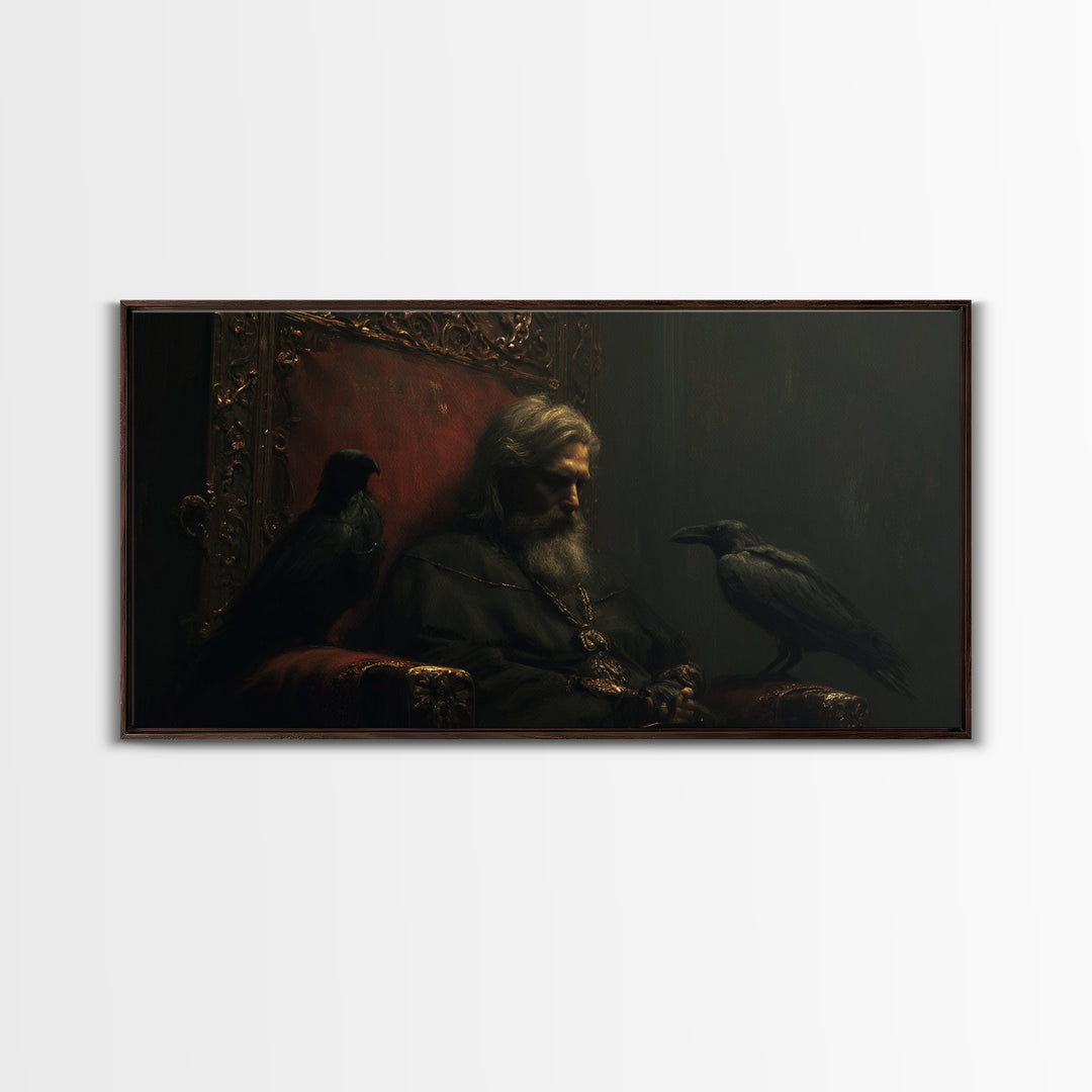 Moody Raven King Throne Portrait Wall Art, Dark Academia Gothic Canvas Decor, Medieval Fantasy Painting For Living Room Decor