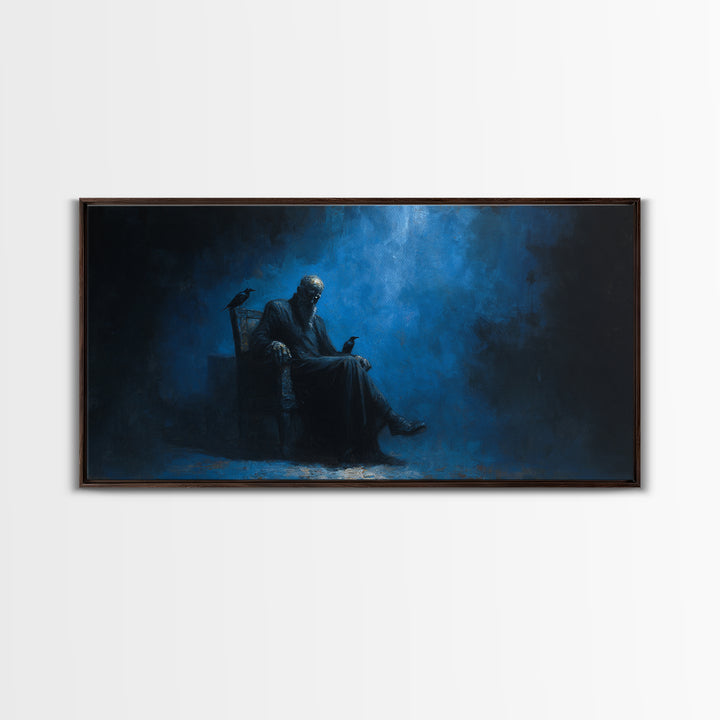 Dark Seated Figure With Raven Canvas Print Blue Gothic Portrait, Moody Wall Decor, Dark Academia Art For Living Room And Office Decor