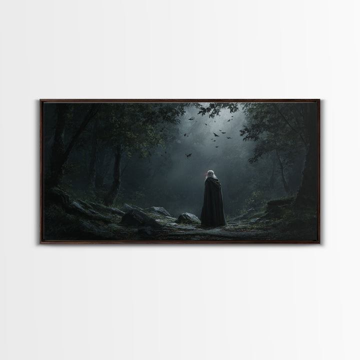 Cloaked Wanderer In Moonlit Gothic Forest Wall Art, Dark Fantasy Canvas Painting, Moody Woodland Decor Gift For Her And Witchy Home Decor