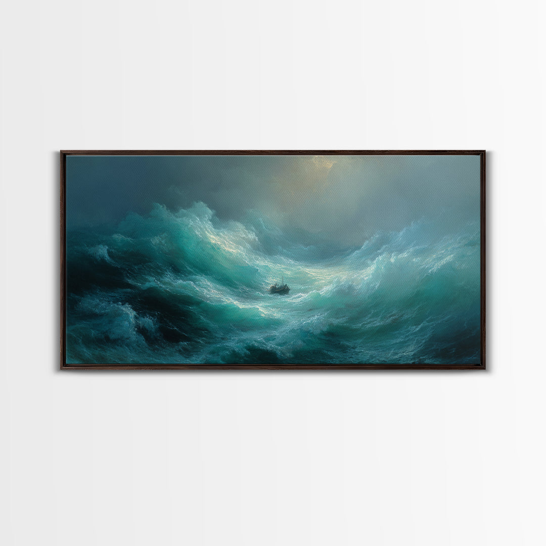 Stormy Ocean With Tiny Boat Canvas Print, Dramatic Seascape Wall Art, Moody Coastal Decor, Nautical Gift For Him, Ocean Art Print