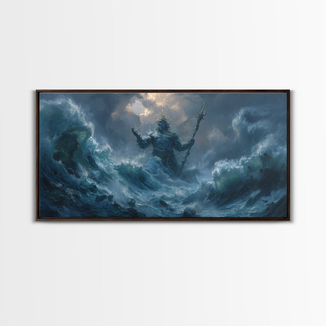 Majestic Mythical Ocean God Painting Wall Art Canvas Print For Coastal Rustic Home Decor And Living Room